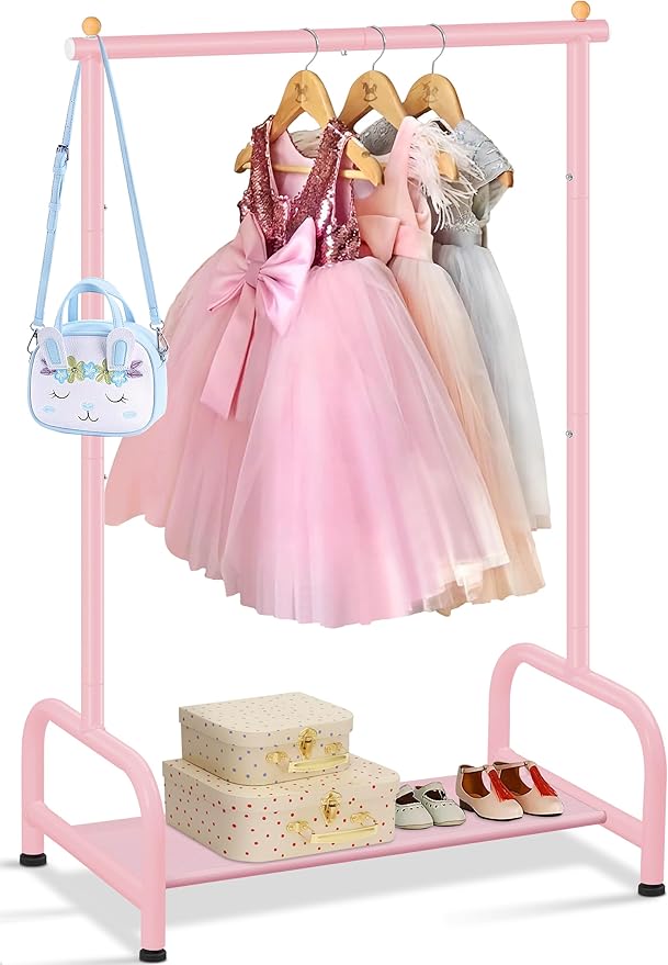 SLEEPING LAMB Kids Clothing Rack, Small Baby Clothes Rack with Bottom Storage Shelf, Kids Dress Up Rack Storage for Coats, Dance Costume Garment Rack for Hanging Clothes, Pink