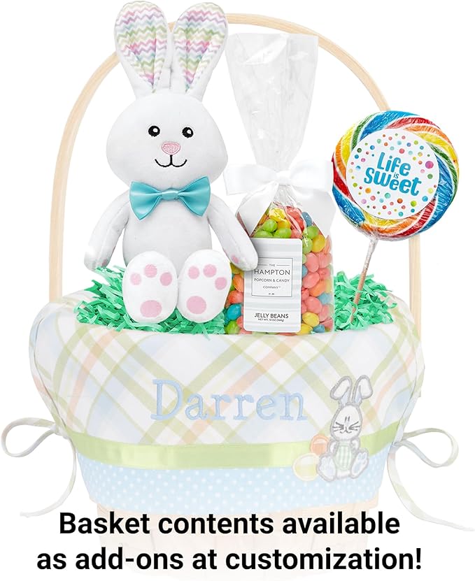 Let's Make Memories Personalized Easter Basket for Kids - For Boys - For Girls - Embroidered Name - Create Your Own - Fillable - Wicker - Easter Basket Stuffers - Small - Blue Bunny Applique