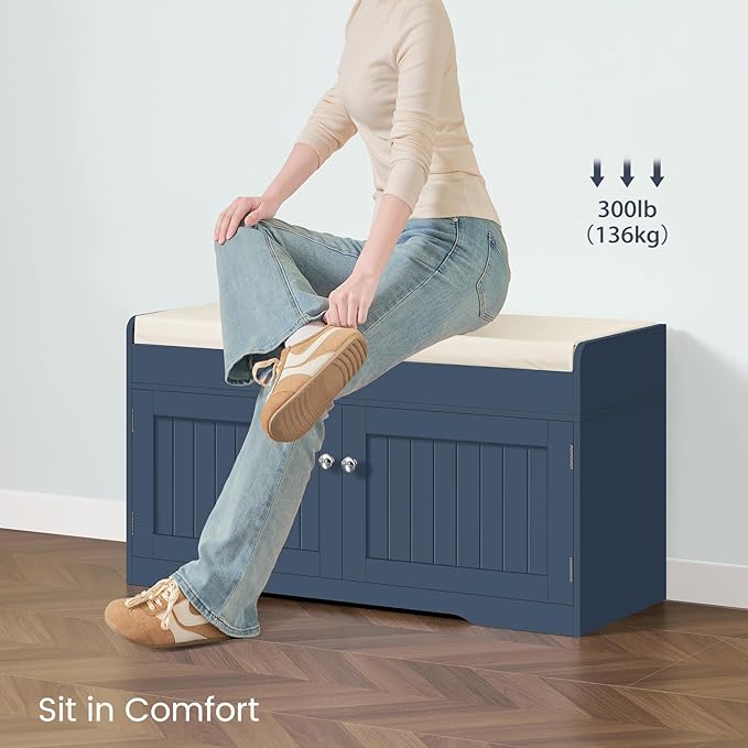 TEENFON 2-Tier Storage Bench, Shoe Bench with Adjustable Shelf & Lift Top Storage, Entryway Bench with Cushioned Seat,13.8"D x 36.2"W x 19.7"H, Shoe Organizer for Entryway, Living Room, Bedroom, Blue