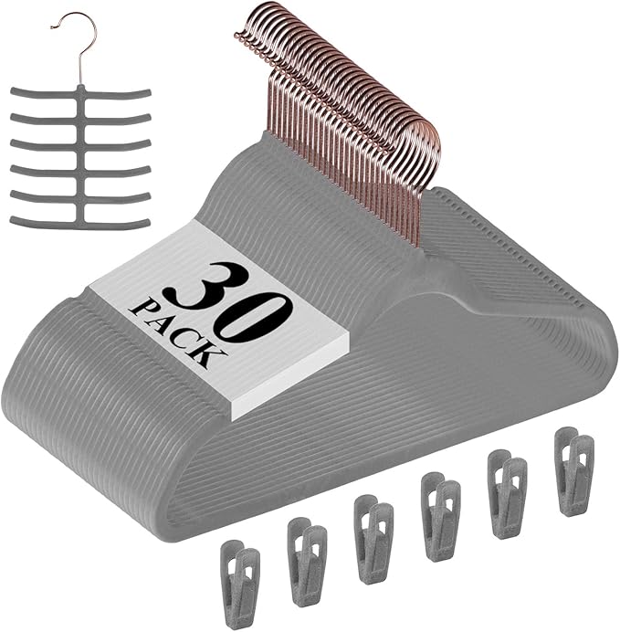VECELO Premium Velvet Clothes Hangers Suit Heavy Duty (30 Pack)-Non Slip & Space-Saving with 6 Finger Clips & Tie Rack Excellent for Men and Women，Gray