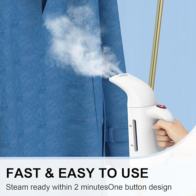 Handheld Garment Steamer for Clothes, Portable Clothes Steamer Remove Wrinkle, 230ml Capacity, Ideal for ALL Fabrics, 12 minutes Continuous Steam, One button Design, Easy to Use, mini, White