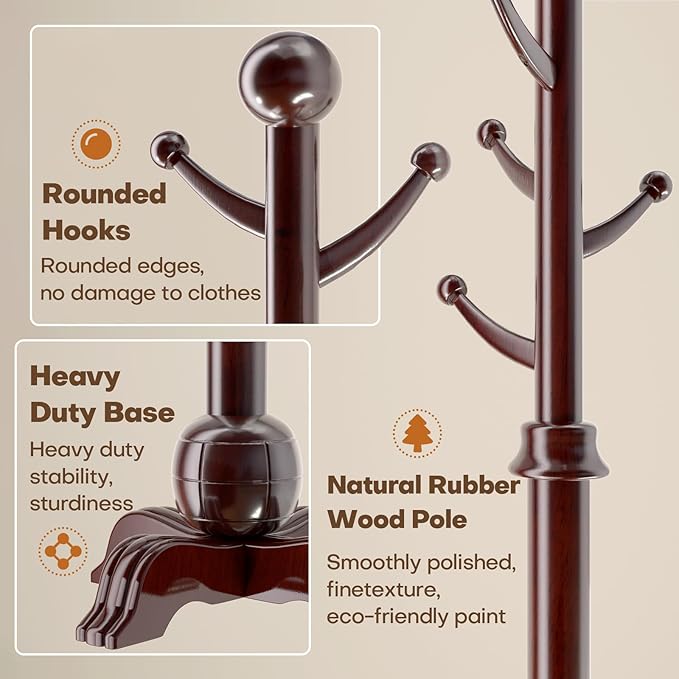 Hall Tree, Freestanding Wood Tree Rack with 7 Hooks, Coat Rack with Stable Sphere Base, Wooden Coat Rack Stand, Load 210 lb, Coat Hanger Stand for Entryway, Hallway, Bedroom (Black-Red)