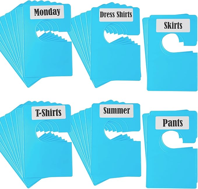 32 Pack White Clothing Rack Size Dividers Plus 75 Labels (1 Inch) and 30 Large Blank Labels, Large Rectangular Clothing Closet Dividers (Blue)