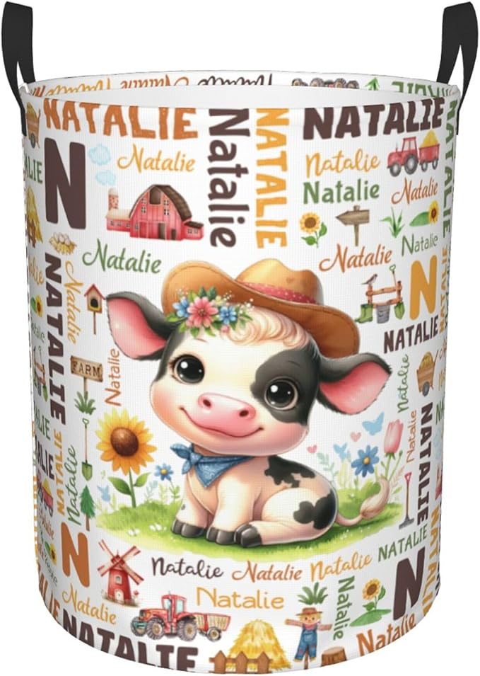 Personalized Farm Cow Laundry Basket For Baby Kids Boys Girls Adult Custom Hamper Basket With Name For Bathroom Bedrooms Collapsible Baby Laundry Basket, Dirty Clothes Hamper With Handles