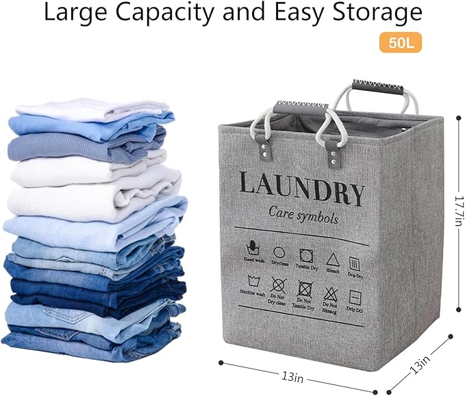 Small Laundry Basket, 50L Foldable Laundry Hamper Organizer with Handles, Fashion Portable Laundry Basket in Bedroom, Laundry Room, Closet, Bathroom, College Dorm (Brown)