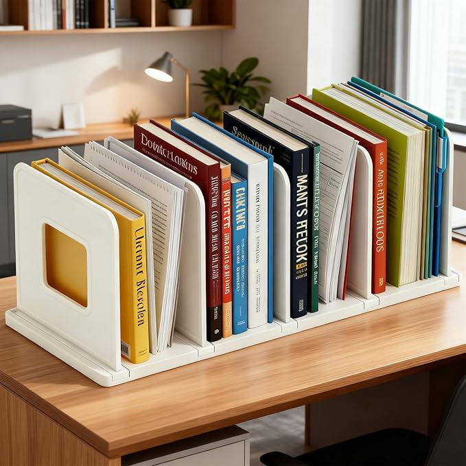 Adjustable Book Shelf Organizer 4 Section Vertical Plastic File Holder Book & Magazine Rack Folder Sorter Book Organizer for Office Home Closet & Handbag Storage (White)
