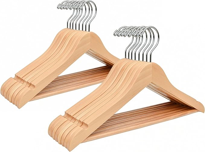 Amber Home 20 Pack 15" Natural Wooden Clothes Hangers for Woman, Teenager Clothing Hangers for Shirt Jacket, Solid Wood Dress Coat Hangers with Non Slip Pants Bar (Natural, 20)
