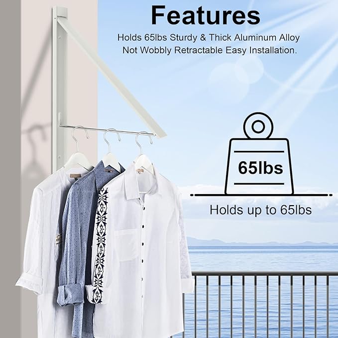 Wall Mounted Drying Rack - Retractable Aluminum Clothes Hanger, No Drill Space Saving Laundry Organizer, 65 lbs Capacity (White)