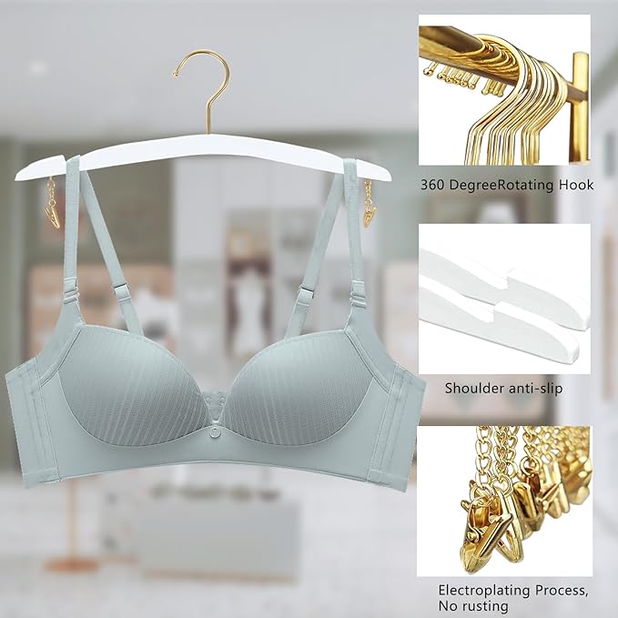 Besser 10 Pack Lingerie Hangers with Gold Metal Clips,Imitation Wood Grain Bralettes Bikini Hangers,Plastic Material Hangers for Bras,Tank Tops,Bralettes, Bikini