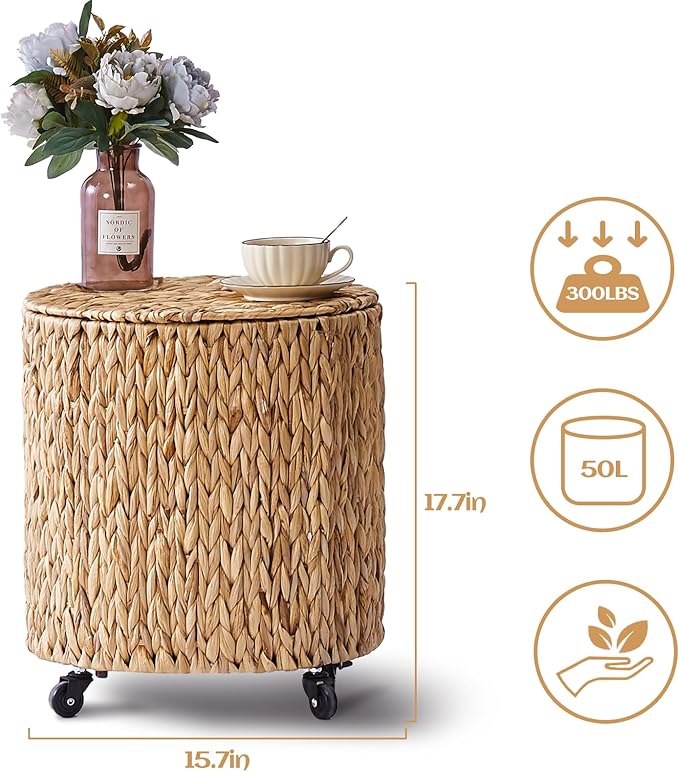 Wimarsbon Vintage Storage Basket, Multipurpose Rolling Hamper With Brakable Wheels and Lid, Braid Laundry Bin, Handwave Clothes Toy Organizer Tote for Living Room