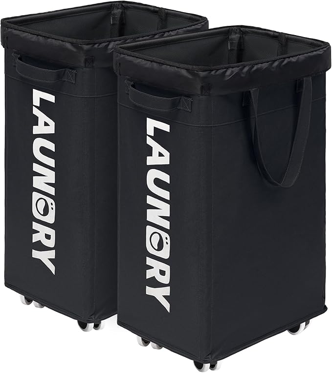CHICVITA 2 Pack Laundry Hamper with Wheels & Removable Wash Bags, 75L Tall Laundry Basket for Dorms, Large Collapsible Hamper for Corner Spaces - Black