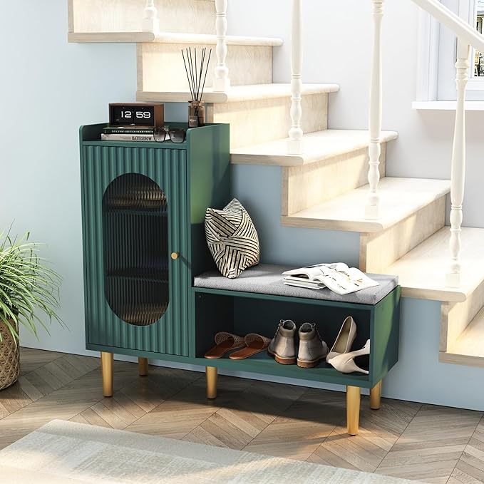 HLR Storage Bench with Glass Door&Shelf, Modern Entryway Shoe Cabinet Bench with Padded Seat, Green L-Shaped Storage Cabinet for Hallway, Bedroom, Living Room, Office