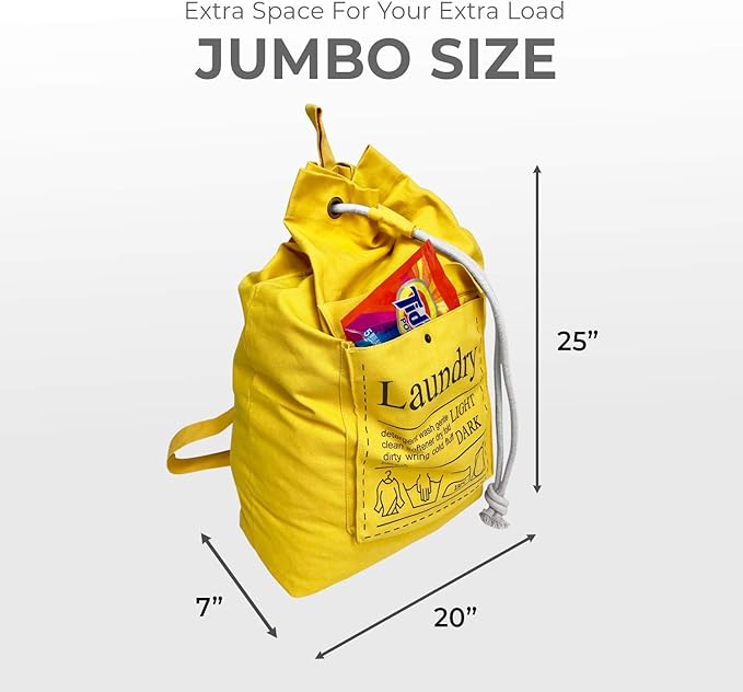 Teeo - Laundry Bag - Dorm Room Essentials - Travel Laundry Bags - College Essentials - Backpack Large Spacious 25”X20” Drawstring 100% Sturdy Cotton Canvas, Hamper Storage Organizer (Yellow)