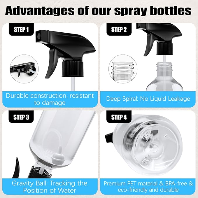 10oz/300ml 360° Spray Bottles (2-Pack) Clear Plastic Small Spray Bottles, Spray at Any Angle to Reach Hard-to-Reach Corners. Ideal for Cleaning, Plants, Gardening, Pets, and Hair