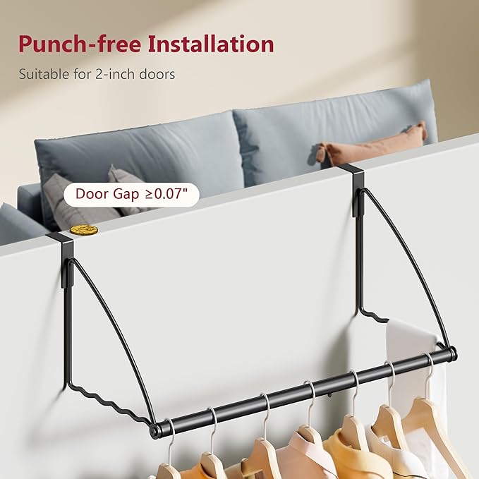 Tajsoon Over The Door Hanger Expandable & Adjustable, Over Door Clothes Hanger Rack for Towel & Coat, Bathroom Over Door Clothes Rack Hooks for Bedroom, Washroom, Fits Doors up to 1¾”, Metal, Black
