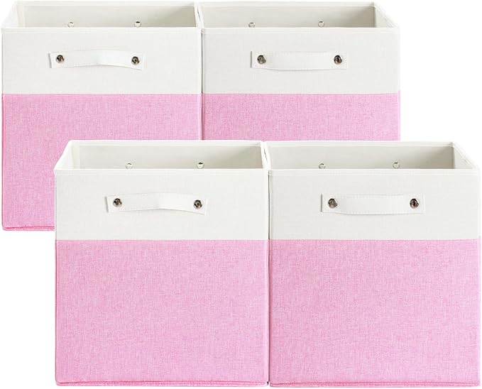 13 x 13 Inch Fine Linen Storage Bins with Handles，Fabric Cube Boxs，Basket Organizers for Shelves for Home, Closet Drawers (White/Pink-4 Pack)
