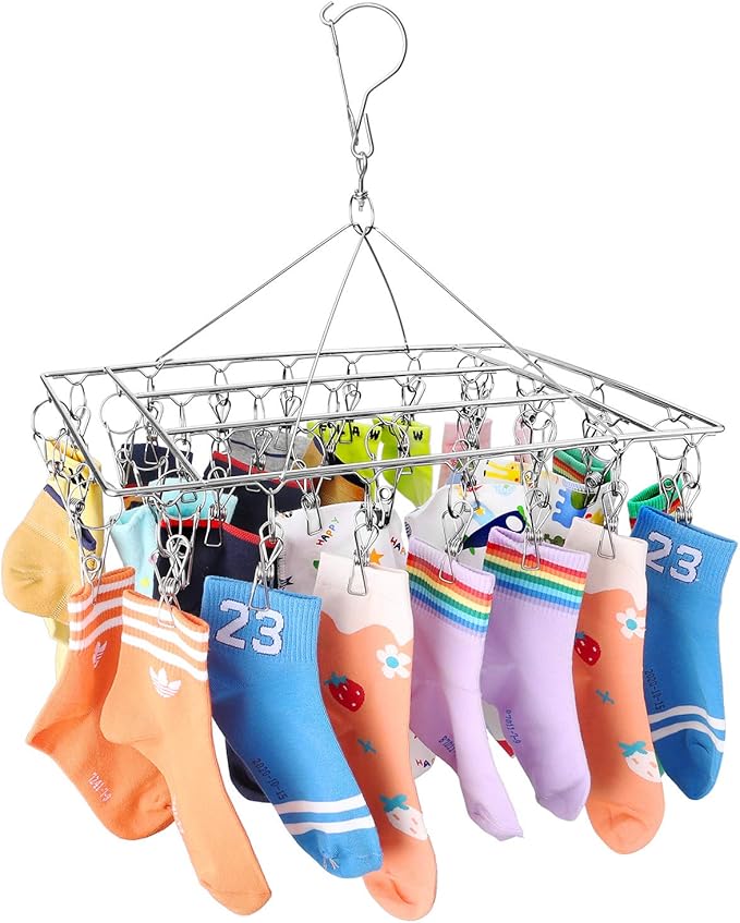 2 Pack Stainless Steel Sock Drying Rack with 72 Clips, Swivel Wind-Proof Hook Clothes Hanger Dryer for Sock, Underwear, Bra, Laundry Accessories