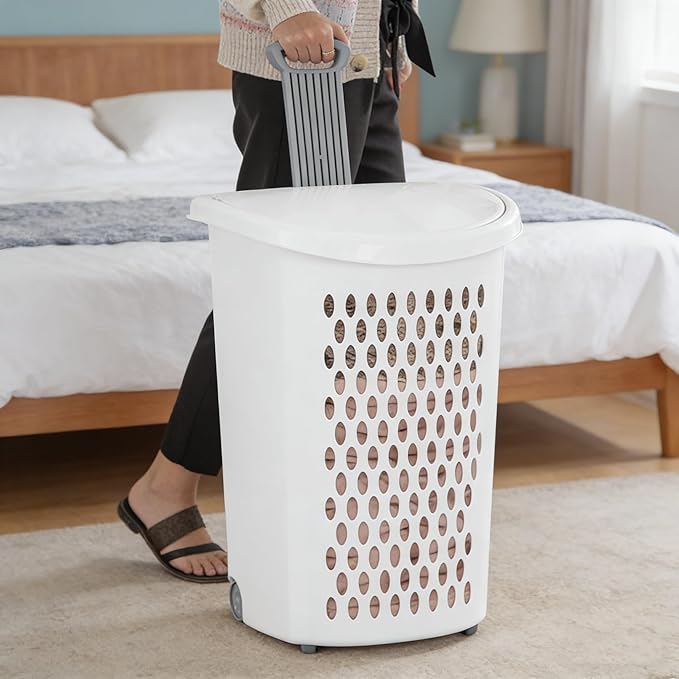 Basket Collection Lidded Wheeled Plastic Laundry Basket Adult-Sized with Handle - for Bedrooms, Dorm Rooms & Laundry Rooms, White