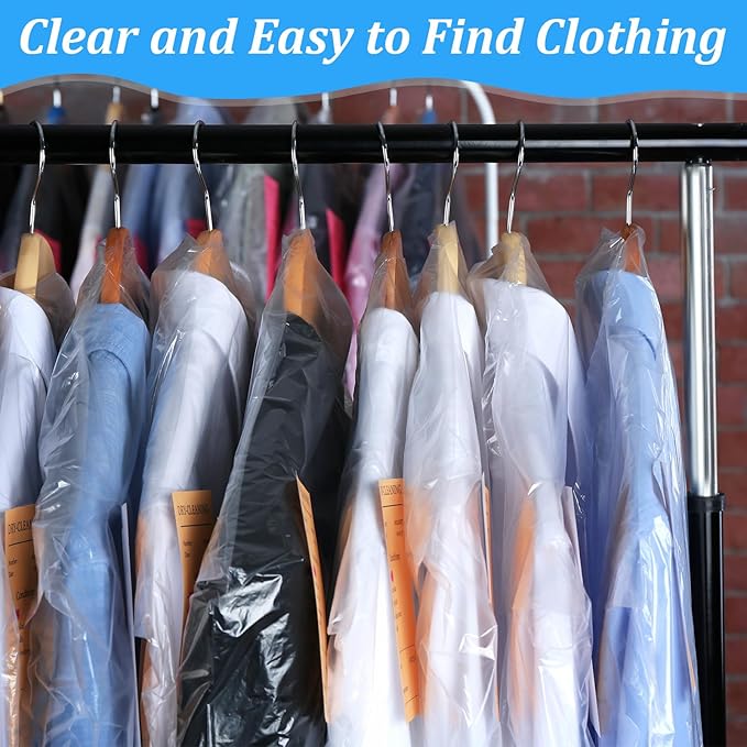 100 Pack Plastic Dry Cleaning Bags Garment Bags for Hanging Clothes Clear Dry Cleaner Covers Transparent Dust-Proof Clothing Covers for Suits Coats Uniforms Laundrette(23.6x35.4 Inch)