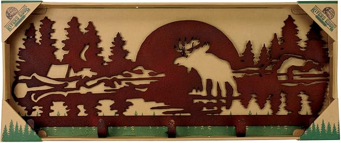 Rivers Edge Products Decorative Metal Wall Mount Hat Rack and Coat Rack, 5 Heavy Duty Wall Hooks, Rustic and Weathered Laser Cut Steel, Room Decor and Home Decor, 13 by 32 Inches, Moose Scene