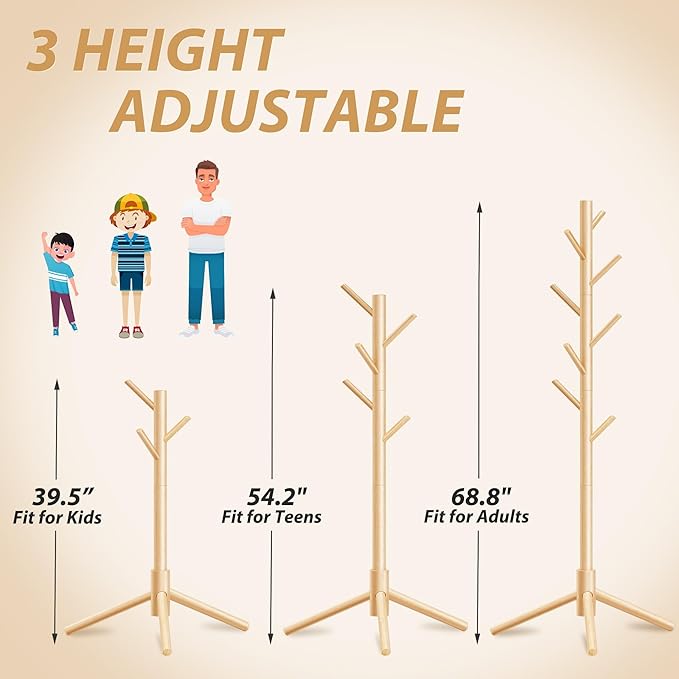 Durable Wooden Coat Rack, Freestanding Coat Rack with Stable Triangular Base, 8 Hooks & 3 Adjustable Heights, Simple Assembly for Bedroom, Hallway, Office(New Nature)