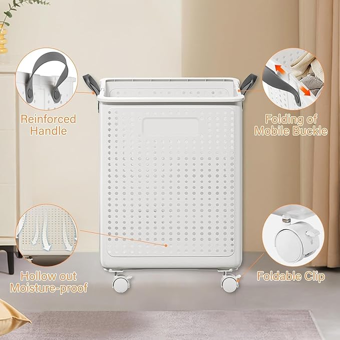 42L Large Heavy Duty Laundry Hamper On Wheels and Handle, Foldable Collapsible Laundry Basket, Space Saving Laundry Room Organization With Lid For Home Storage, Clothes (White)
