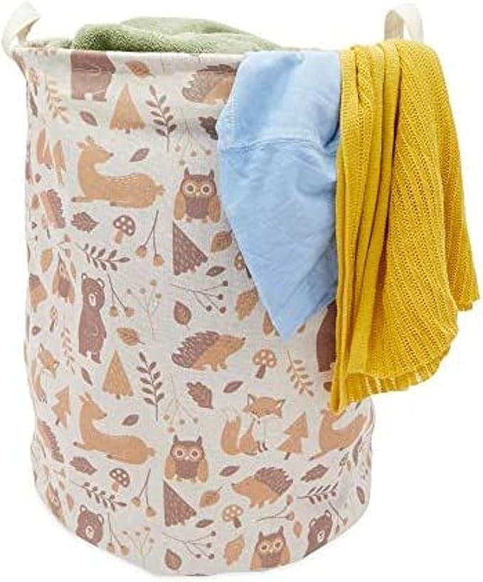 Okuna Outpost Collapsible Woodland Nursery Laundry Hamper - Waterproof Canvas Storage Bin - Easy-Carry Hamper with Lid - Woodland Animal Toy Storage - 15.7 x 15.7 x 19.7 in, Multicolor