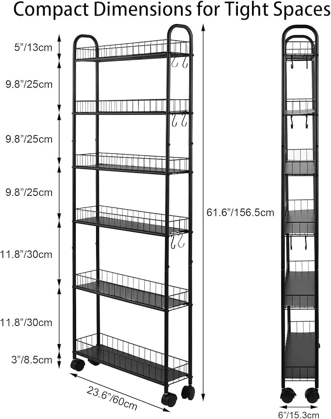 6-Tier Ultra Slim Rolling Storage Cart with Wheels, Narrow Metal Organizer Shelf Unit for Kitchen, Bathroom, Laundry, Office – Black, 6" Wide