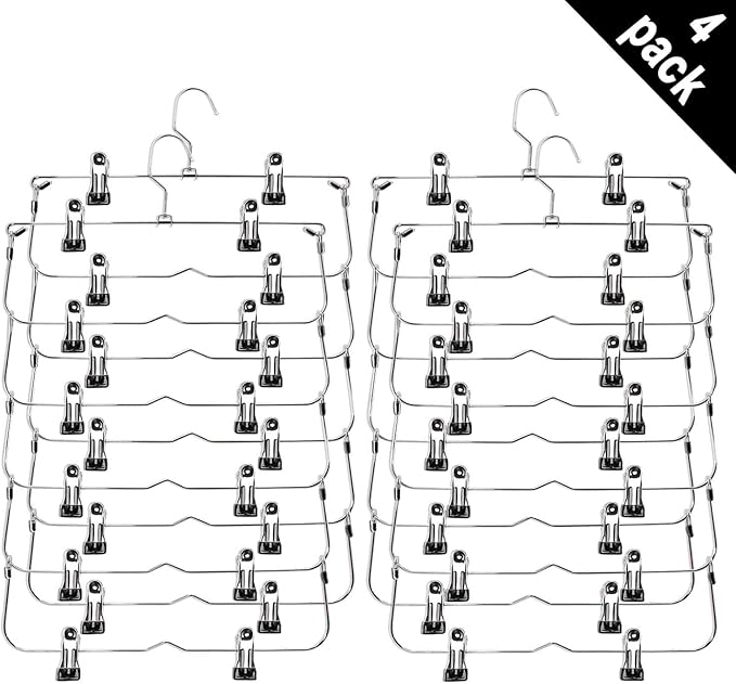 Skirt Pants Hangers with Clips，6Tier Skirt Hangers Space Saving,Metal,Non Slip Closet Organizer and Storage Multi Clothes Shorts Hanger Organization (4, Black)