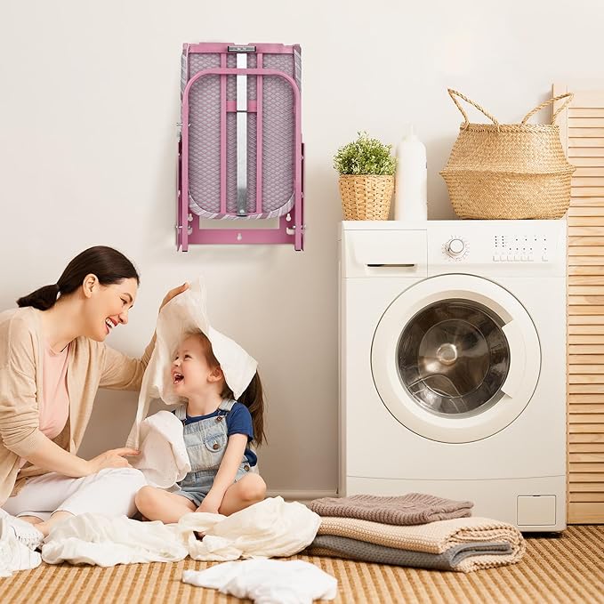 Wall Mounted Ironing Board Adjustable Height, 36 x 12 Inch Fold Away Iron Board Wall Mount Space-Saving Ironing Board with Removable Heat Resistant Cover for Small Spaces Home Laundry Room Pink