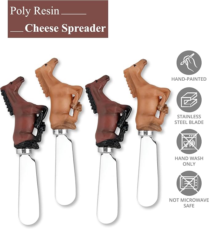 Supreme Housewares Horse Cheese Spreaders, Hand-Painted Resin Handles with Stainless Steel Blades for Spreading Cream Cheese, Butter, Jam, or Sandwich, Assorted Colors, Set of 4