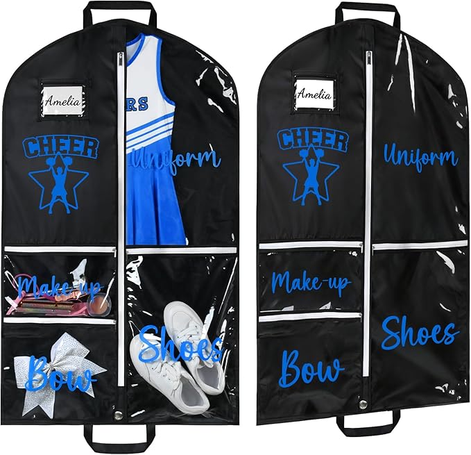 DEEKA Cheer Garment Bag for Hanging Clothes with Zipper Pockets Cheer Accessories Mom Essentials Uniform Costume 40 Inch Black Bags Stuff for Cheerleading Girls (Black,Blue-Cheer Star Logo)