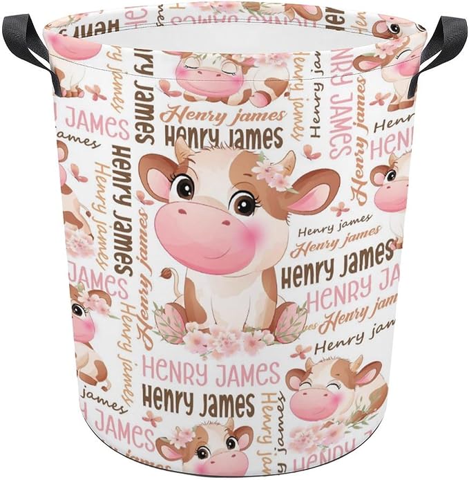 Cow Laundry Basket,Personalized Laundry Hamper for Boys Girls,Custom Laundry Basket With Name, Customized Dirty Clothes Hamper for Bathroom Bedrooms,M-19.5"X 15.7"
