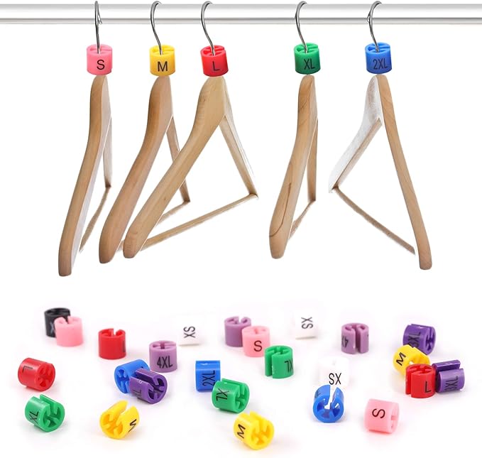 Glarks 420Pcs 9 Colors『XXS - 4XL』Colored Hanger Sizer Garment Size Markers Color Coded Size Clips Assortment Set Fit for 2-4mm Hanger Hook Used for Wire Hangers