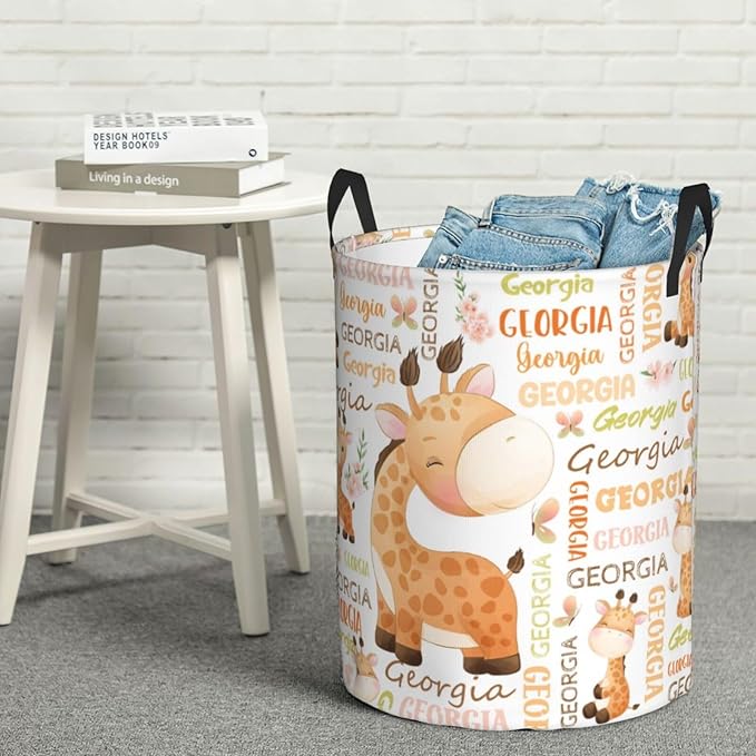 Giraffe Laundry Basket,Personalized Laundry Hamper for Boys Girls,Custom Laundry Basket With Name, Customized Dirty Clothes Hamper for Bathroom Bedrooms,S-16.5"X 13.8"