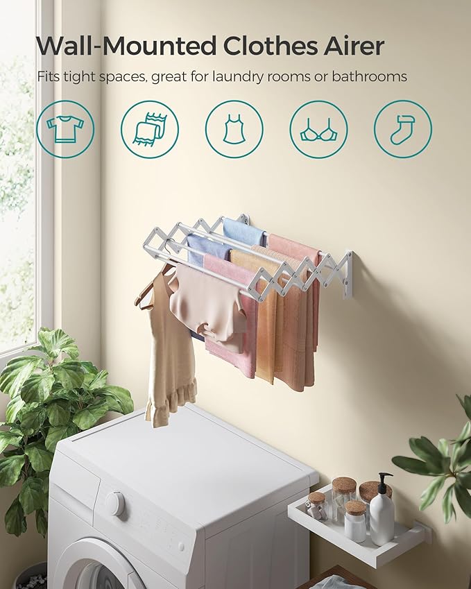 SONGMICS Clothes Drying Rack, Wall-Mounted Drying Rack Clothing, Small Accordion Laundry Rack, 9 Staggered Hanging Rods, Expandable and Retractable, Cloud White ULLR802W01