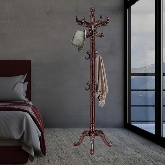 Wooden Coat Rack Stand Sturdy Triangle Base, Natural Birch Wood Coat Racks Freestanding, Vintage Solid Wood Coat Tree Stand with 14 Hooks, Classic Sturdy Coat Racks Hall Tree for Entryway