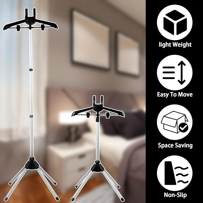 Steamer Stand for Clothes, Foldable Rotatable Garment Hanger for Steaming Clothes, Adjustable Height Steam Iron Stand Rack with Ironing Board and Glove for RV, Home, Hotel (Black)