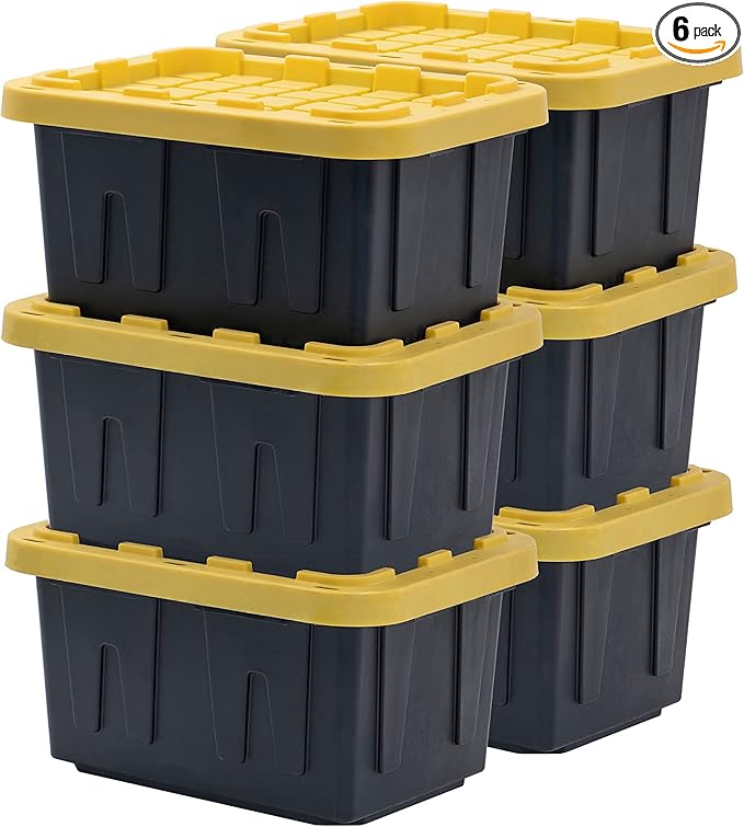 BLACK & YELLOW, 5-Gallon Heavy Duty Storage Bins with Lids, Stackable Plastic Storage Bins with Weather-Resistant Design, Home Organization, 6 Pack (8.6"H x 12.3"W x 16.4"D)