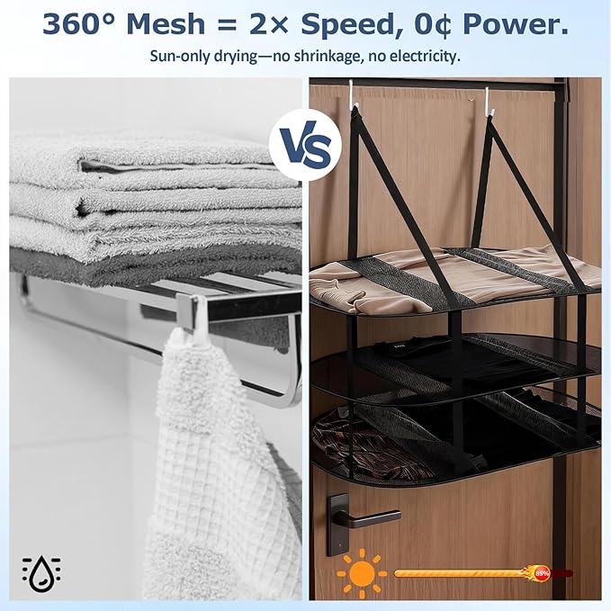 2Pcs Over The Door Drying Rack with 4 Hooks,3 Tier Sweater Drying Rack with Fixed Webbing,Large Folding Mesh Clothes Drying Rack for Dorms,Bathrooms and Bedroom(Black)