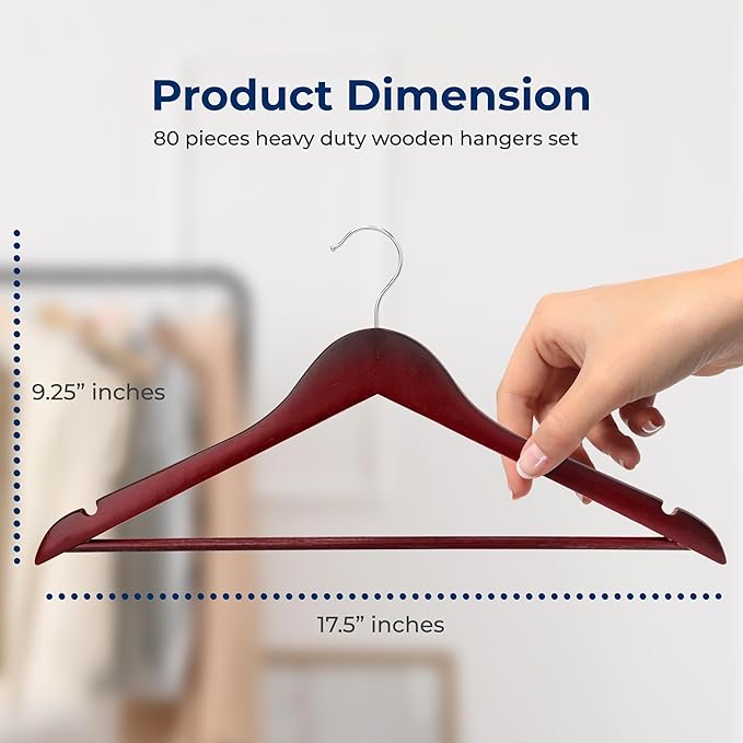SereneLife Wooden Hangers 80 Pack - Durable & Slim Coat Hanger - Wood Hangers for Coats, Suits, Jackets, Closet & Pants - Suit Hanger with 360-Degree Rotatable Hook and Shoulder Grooves (Cherry Color)