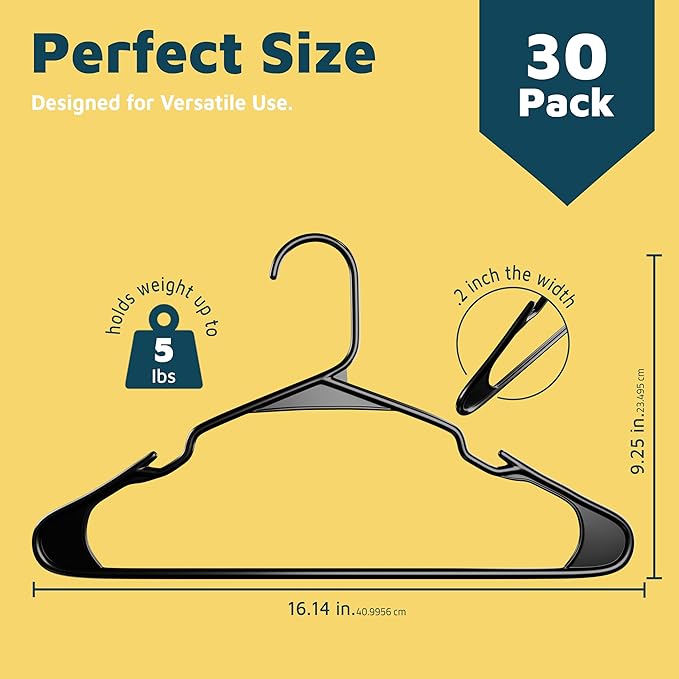 Lifemaster Plastic Clothes Hanger Set - 30 Pieces Versatile, Lightweight, Space-Saving, Non-Slip, Slim Designed, Dry and Wet Clothes Hanger Set - Black