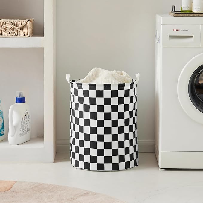 Black White Checkered Laundry Basket, Collapsible Aesthetic Cute Canvas Organizer Hamper Basket for Storage, Toy Bins, Bedroom Clothes, Children Nursery, Gift Basket