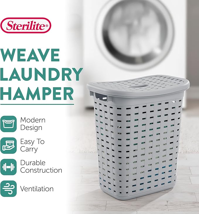 Sterilite Plastic Wicker Style Weave Laundry Hamper, Portable Slim Clothes Storage Basket Bin with Lid and Handles, Cement Gray, 16-Pack