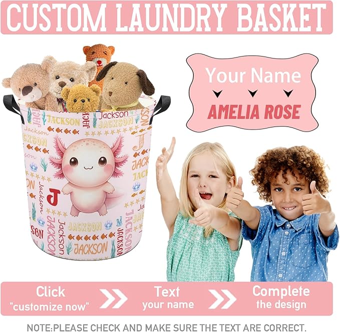Axolotl Laundry Basket,Custom Laundry Hamper with Name,Personalized Axolotl Gifts for Boys Girls,Customize Collapsible Laundry Basket for Bedroom Bathroom,M-19.5"X 15.7"