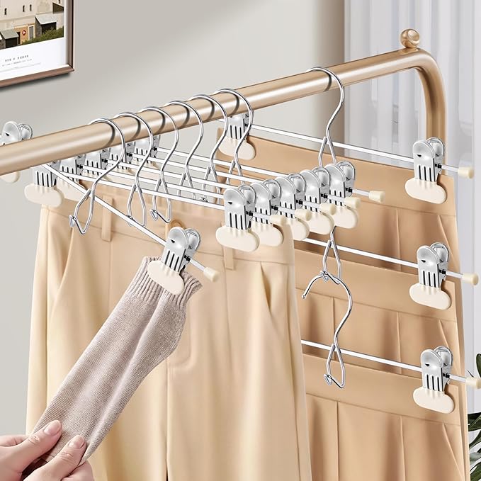 HUADYMEET 14Inch Pants Skirt Hangers Space Saving with Adjustable Wide Clips,Heavy Duty Stackable Non-Slip Metal Clothes Hanger for Men, Women, Jeans, Trousers, Shorts, Slacks,50 Pack（Beige）