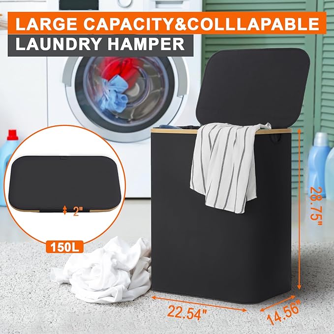 GARPROVM Double Laundry Hamper with Lid 150L Large Laundry Basket with Bamboo Handles Foldable Clothes Hampers with 2 Removable Liner Bags for Laundry for Bedroom Bathroom Dorm Laundry Room, Black