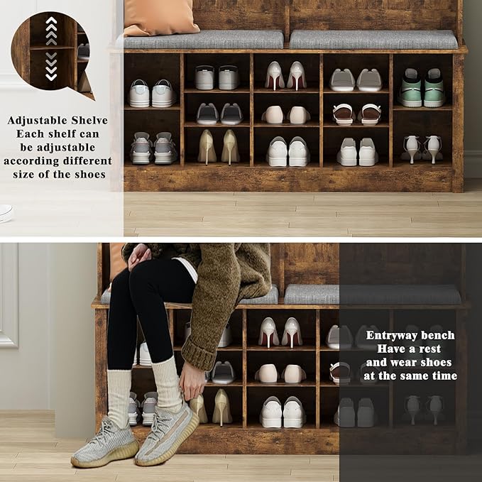 Hall Tree with Bench and Shoe Storage, 53" Farmhouse 4-in-1 Mudroom Storage Organizer with Coat Rack, 6 Hooks, 12 Shoe Cubbies, Adjustable Shelf, for Entryway, Hallway, Living Room, Brown