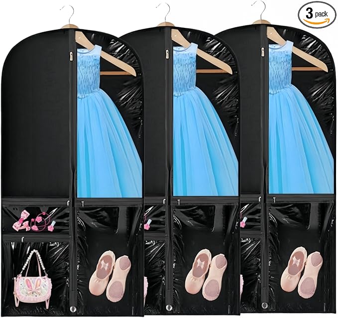 Clear Dance Costume Garment Bag, 39 Inch Garment Bag for Dance Competitions, Kids Hanging Clothes Cover for Girls Closet Storage with 3 Zippered Pockets