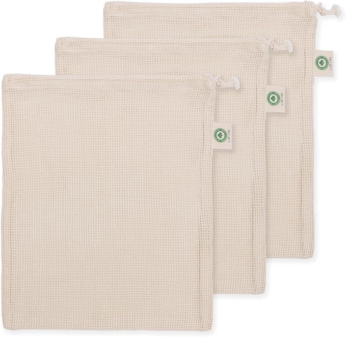 Cotton Mesh Laundry Bags - 3 Pack Large for Washing Machine, Lingerie, Underwear and Bra - Easy Drawstring Closure, Microplastic-Free and Sustainable